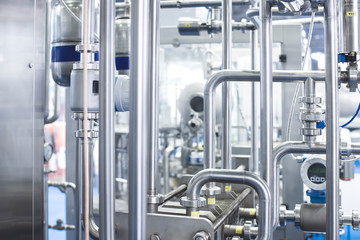 Stainless steel pipes in the factory.