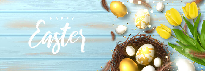 Happy Easter elegant banner. Beautiful banner with realistic white and gold Easter eggs, yellow tulips, sparkling golden confetti, nest and feathers. Festive vector illustration.