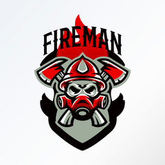 Colorful badge, logo, sticker, emblem skull fireman in gas mask and axes. Protection, rescue squad, uniform, bones, tools, fire, shield, lettering. T-shirt printing, vector illustration