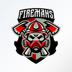 Colorful badge, logo, sticker, emblem skull fireman in gas mask and axes. Protection, rescue squad, uniform, bones, tools, fire, shield, lettering. T-shirt printing, vector illustration