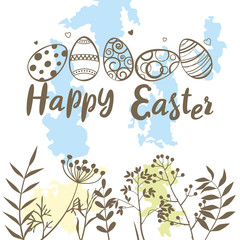  Happy Easter. Easter eggs and a congratulatory inscription against the sky and wild herbs.