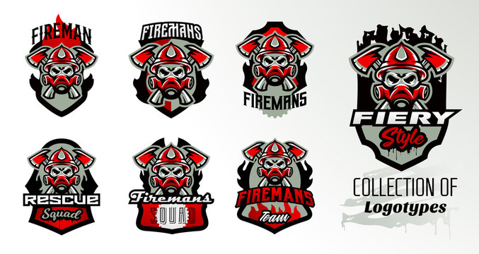 Collection of colorful icons, logos, stickers, emblems fireman s skull in a gas mask and axes. Protection, rescue squad, uniform, bones, tools, fire, shield, lettering, print. Vector illustration