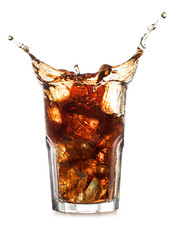 glass of cola with ice and splash isolated on white background