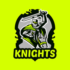 Colorful emblem, logo, badge of a knight riding on a horse and waving with a sword. Swordsman, soldier, warrior, paladin, rider, stallion, mascot, steel, armor, shield, lettering. Vector illustration