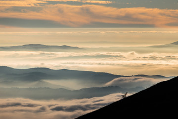 Fototapeta na wymiar Beautiful view of Umbria valley (Italy) covered by a sea of fog at sunset, with beautiful warm colors and trees silhouettes in the foreground