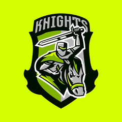 Colorful emblem, logo, badge of a knight riding on a horse and waving with a sword. Swordsman, soldier, warrior, paladin, rider, stallion, mascot, steel, armor, shield, lettering. Vector illustration