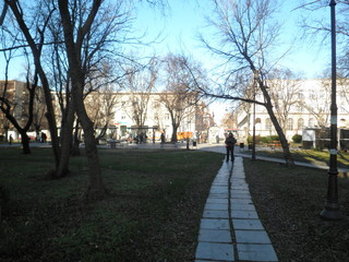 Path of small square plates running through the autumn Park with bare trees to the city square with three-storey houses