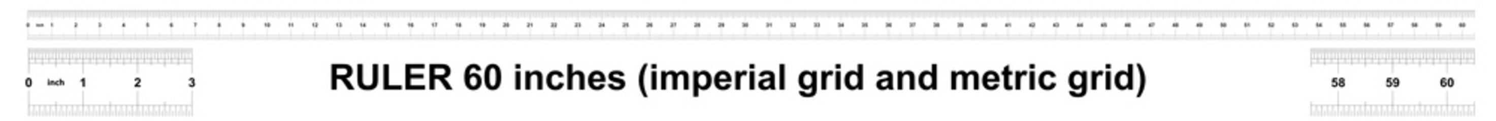 Ruler 60 inches imperial. Ruler 60 inches metric. Precise measuring tool. Calibration grid.