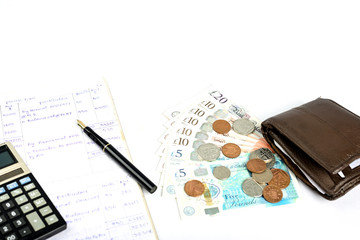 Accounting British currency pound sterling isolated on white background.