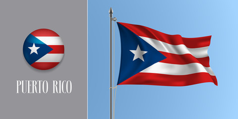 Puerto Rico waving flag on flagpole and round icon vector illustration