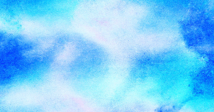 Abstract grunge tint light blue watercolor background. Aquarelle painted azure gradient color splashing on textured paper. Vintage water color splash template or canvas for design, retro card