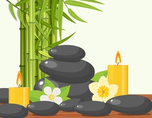 Fototapeta na wymiar Bamboo and stones - spa background with place for your text. Vector illustration in flat style