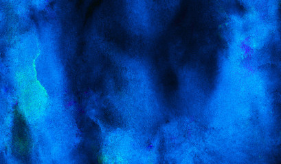 Cosmic neon light blue watercolor background. Paper textured aquarelle deep black canvas for modern...