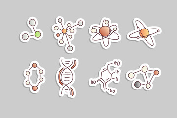 Cute cartoon molecule and atom icon set. Atomic and molecular illustration. Structure of molecula and atom with electron orbit, proton and scheme of DNA, Molecule model line cartoon set. Structure of