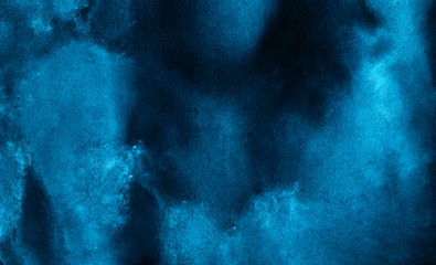 Cosmic neon light blue watercolor background. Paper textured aquarelle deep black canvas for modern...
