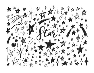 Vector doodle set of stars. Hand drawn sketch styled elements. Isolated objects. Background, pattern, set