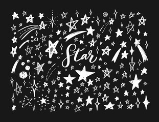 Vector doodle set of stars. Hand drawn sketch styled elements. Isolated objects. Background, pattern, set
