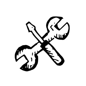 Icon black Hand drawn Simple outline Wrench and screwdriver Symbol. vector Illustrator. on white background