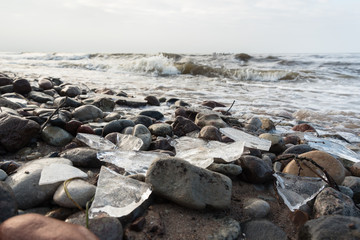 Ice on the coast of sea.