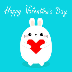 Happy Valentines Day. White baby rabbit hare puppy head face holding red origami paper heart. Cute cartoon kawaii funny animal character. Love card. Flat design. Isolated. Blue background.