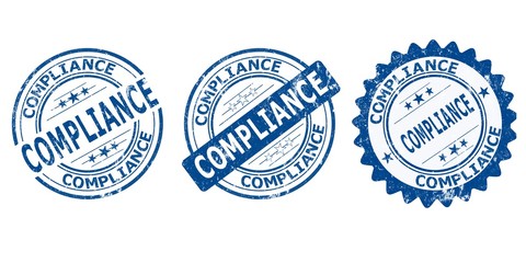 set of stamps, Compliance grunge blue round scratched stamp