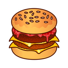 Burger food icon. Cartoon hand draw illustration of burger for web design, menu, game isoleted on white