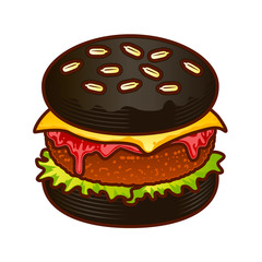Black Burger food icon. Cartoon hand draw illustration of burger for web design, menu, game isoleted on white