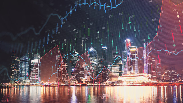Trading graph on the cityscape at night background. Business and financial concept. Double exposure. Singapore