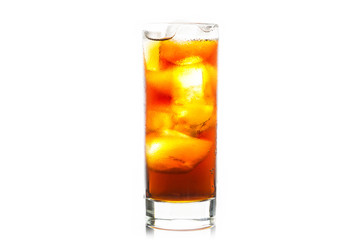 Cold cola beverage in glass with ice isolated on white background. Selective focus. Shallow depth of field.