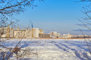 winter city in the morning sunrise