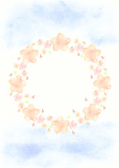 水彩　手描き　きれい　桜　円　フレーム（黄色・文字なし・背景パステル空）