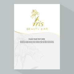 Iris flower logo in the style of engraving.  Beauty logo.  Beauty Bar. Vector Brochure flyer design template. Romantic design for natural cosmetics, perfume, women products.
