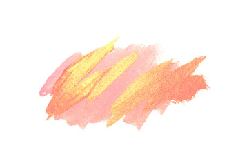 Abstract golden and pink watercolor stains on white background for your design