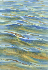 Sunny sea with transparent waves watercolor background