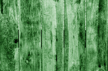 Fototapeta na wymiar Weathered wooden fence in green color.