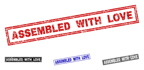 Grunge ASSEMBLED WITH LOVE rectangle stamp seals isolated on a white background. Rectangular seals with grunge texture in red, blue, black and grey colors.