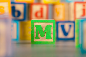 Photograph of colorful Wooden Block Letter M