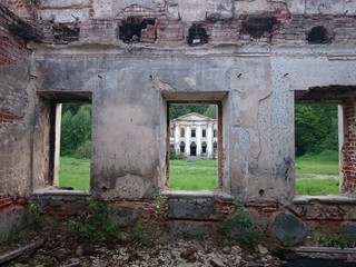 Abandoned and destroyed by time, Park ensemble and estate in Grebnevo, Moscow region, Russia.