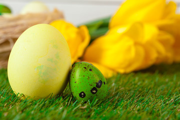 Easter Eggs with flower on Green Grass
