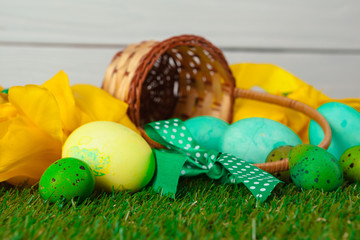 Easter Eggs with flower on Green Grass