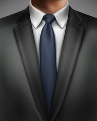 Vector illustration of elegantly dressed man in black suit and necktie isolated on background