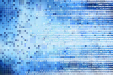 digital computer data concept. white binary code text on blue pixel blocks abstract background. design for artificial intelligence computer technology and digital business development concepts.