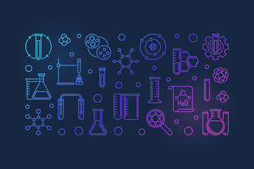 Vector Chemical Laboratory colorful outline horizontal banner. Chemistry illustration on dark background