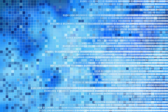 digital computer data concept. white binary code text on blue pixel blocks abstract background. design for artificial intelligence computer technology and digital business development concepts.