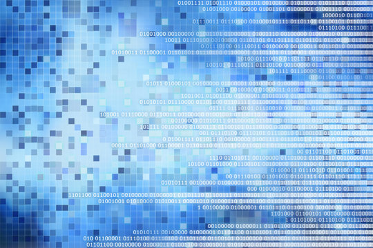 digital computer data concept. white binary code text on blue pixel blocks abstract background. design for artificial intelligence computer technology and digital business development concepts.