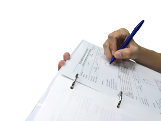 Engineer inspecting and checking datasheet on isolated on white background.Engineers check the preventive maintenance documents after the operation.