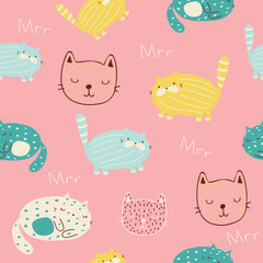 Seamless pattern with funny cats. Kids print with animals. Vector hand drawn illustration.