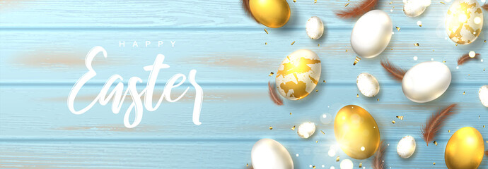 Fototapeta na wymiar Happy Easter beautiful background. Festive banner with realistic white and golden Easter eggs, sparkling golden confetti and feathers. Holiday vector illustration.