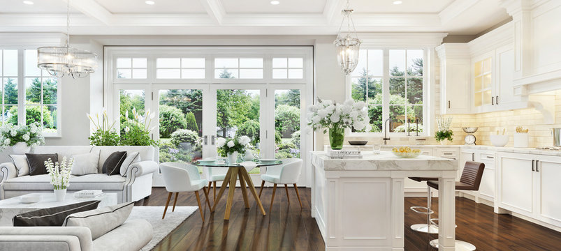 Luxury Interior With White Kitchen And Living Room