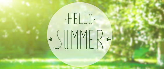 phrase Hello summer on the background of green foliage and sunlight